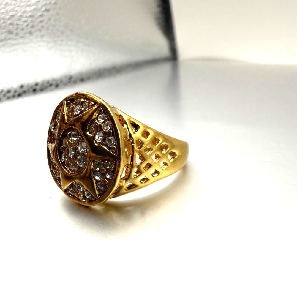 Bold Gold Tone Rhinestone Starburst Signet Ring Size 12 | Vintage Patina Stateme - Picture 6 of 11